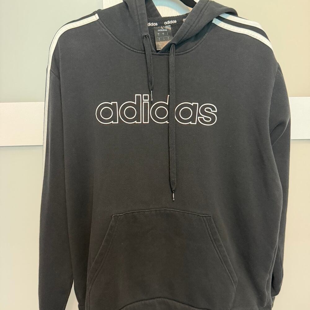 Adidas Hoodie Mens Medium Black White 3 Stripes Logo Pullover Sweatshirt